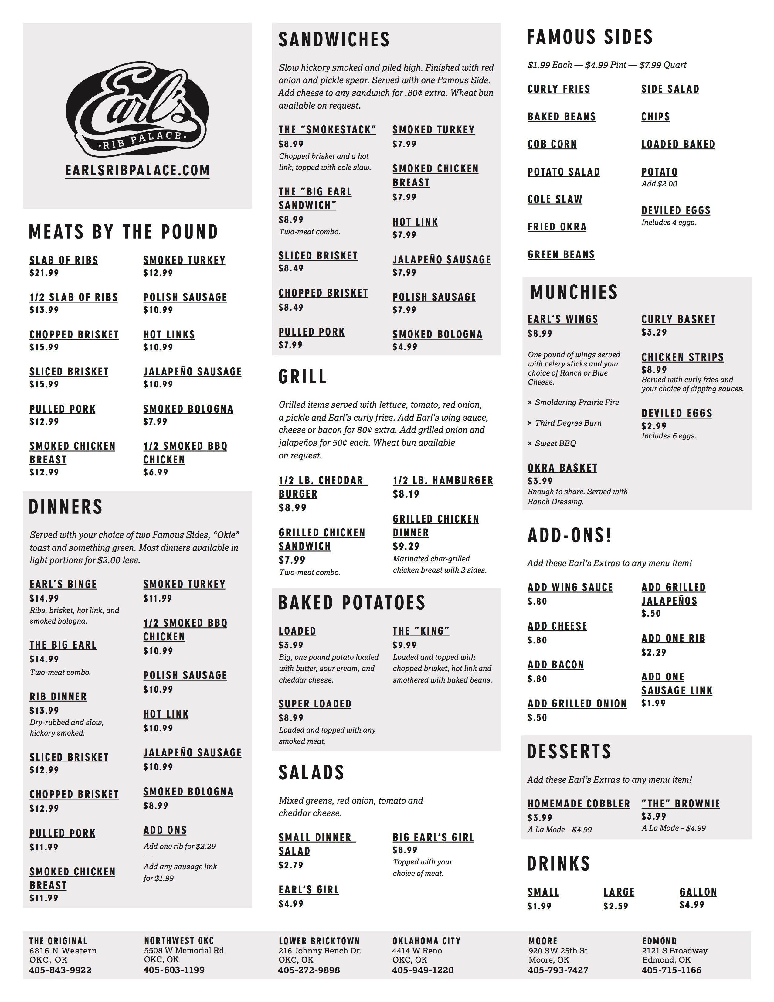 Earl's Rib Palace Menu, Menu for Earl's Rib Palace, Moore, Oklahoma