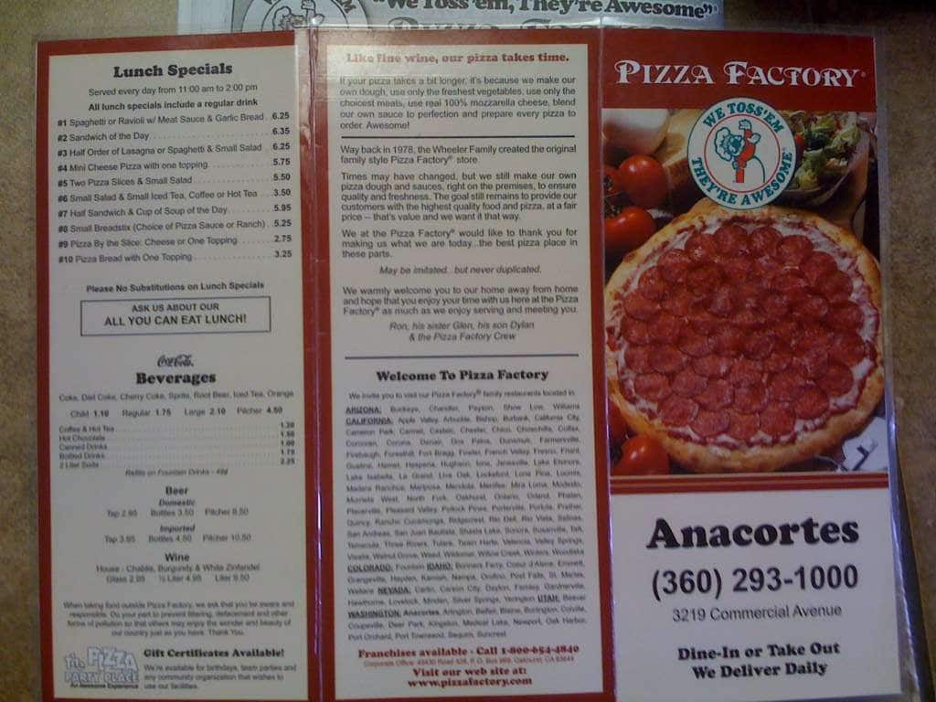Menu at Pizza Factory pizzeria, Anacortes