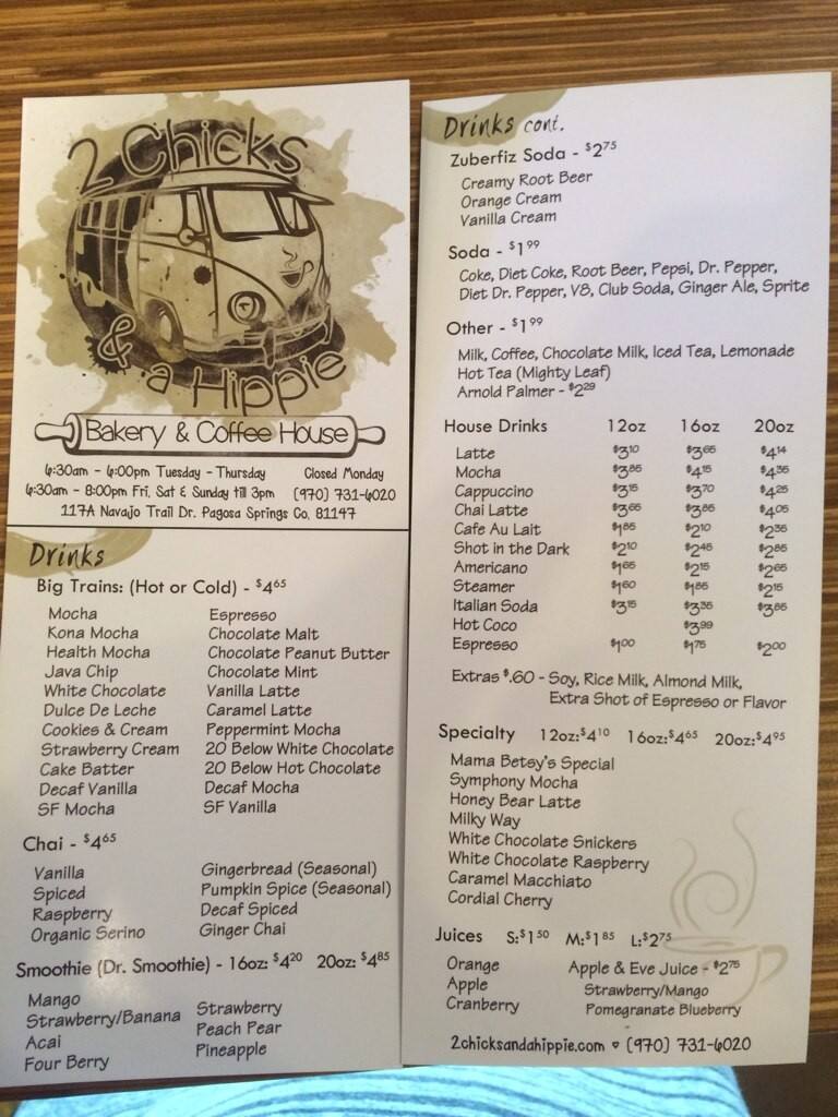 Menu at Two Chicks and a Hippie cafe, Pagosa Springs