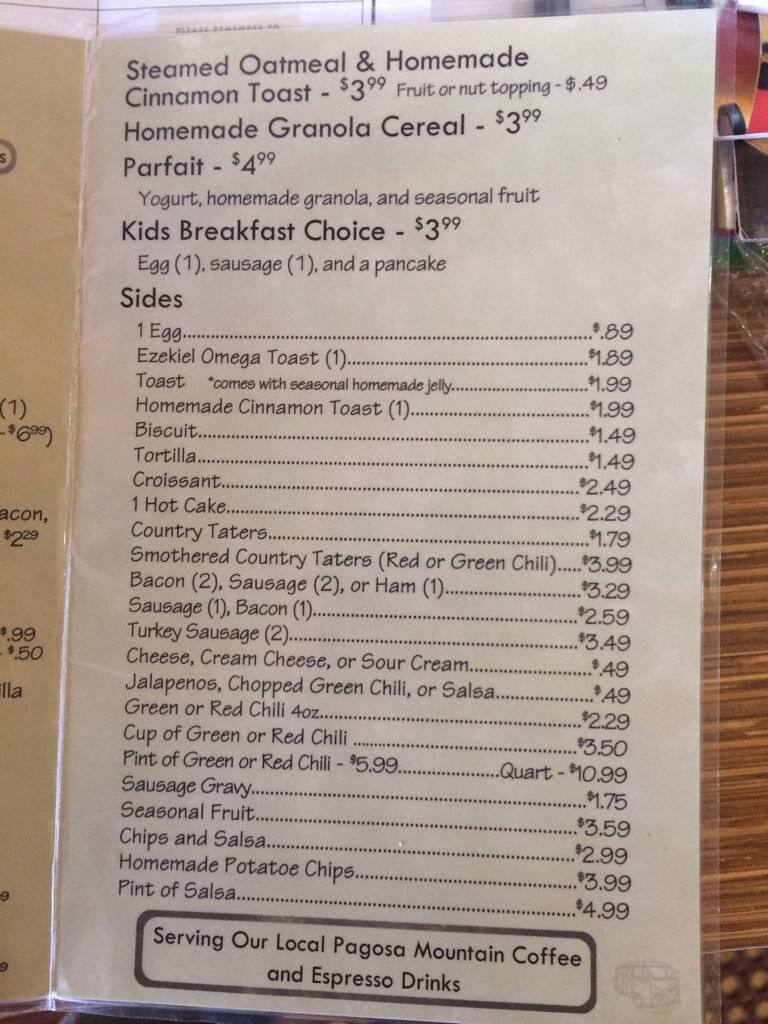 Menu at Two Chicks and a Hippie cafe, Pagosa Springs