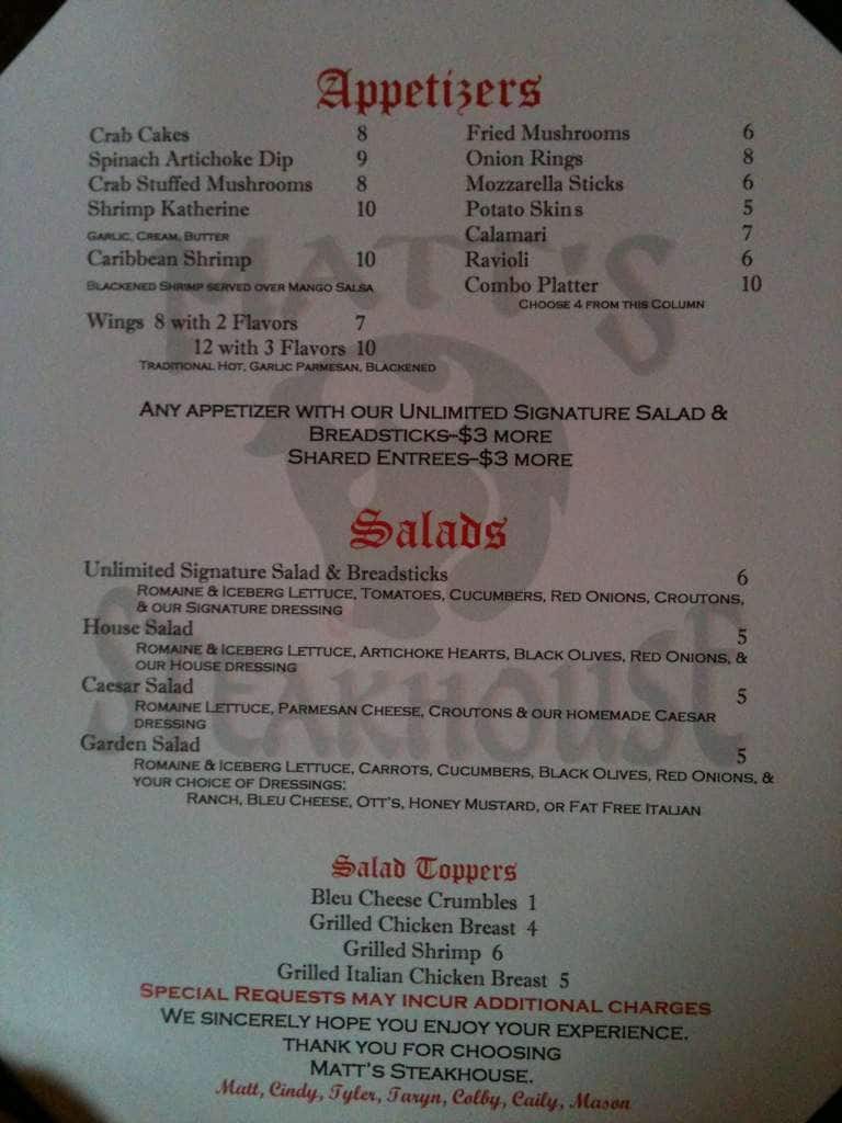 Matt's Steakhouse Menu, Menu for Matt's Steakhouse, Rolla, Rolla