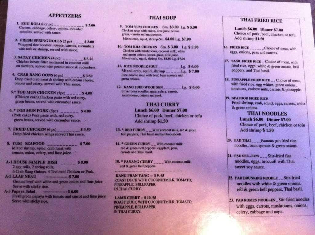 Menu at Khon Kaen Thai Restaurant, Findlay