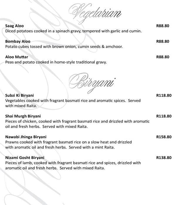 The Raj Menu Menu at The Raj - Sun City restaurant, Sun City