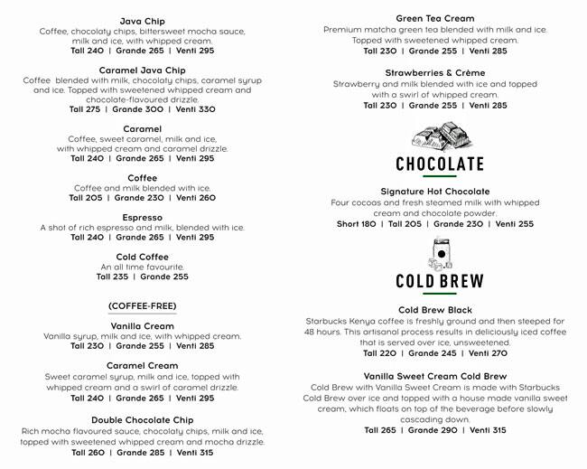 Starbucks menu
