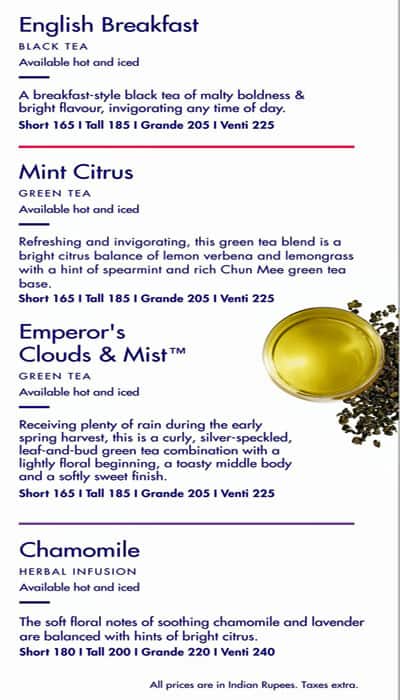 Starbucks menu