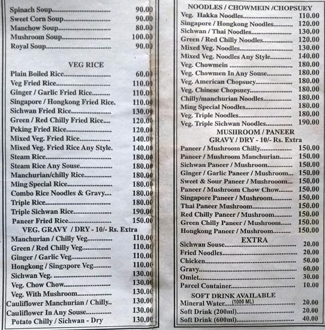 Ming Chinese Restaurant menu