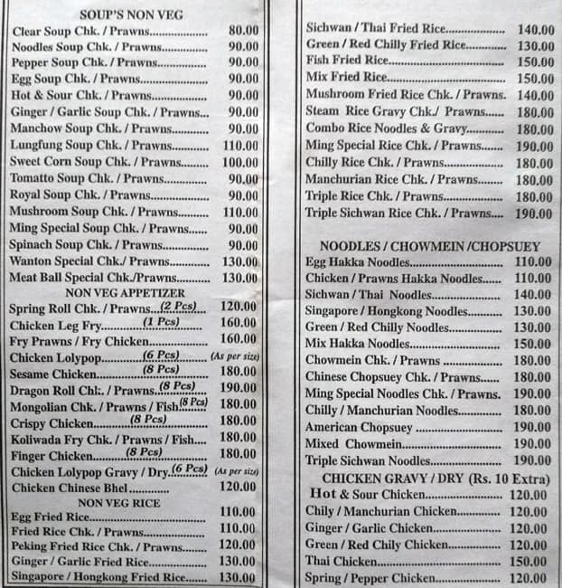 Ming Chinese Restaurant menu