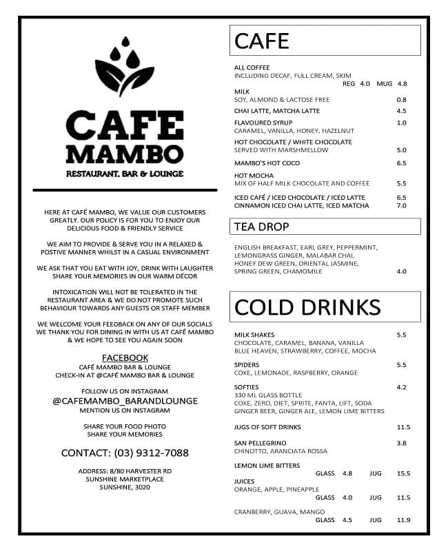 Menu at Cafe Mambo, Sunshine