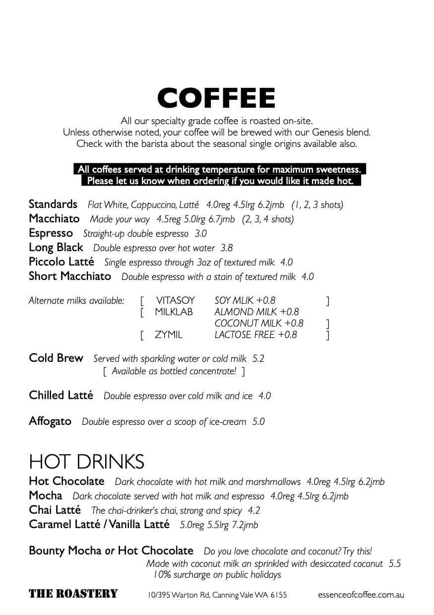 Menu at The Roastery cafe, Canning Vale, 10/395 Warton Rd