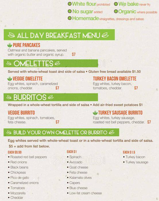Carta de Pure Healthy Eatery