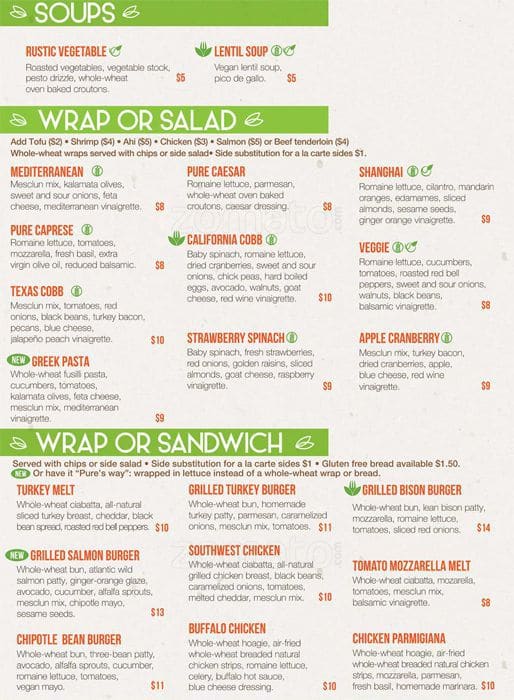 Carta de Pure Healthy Eatery