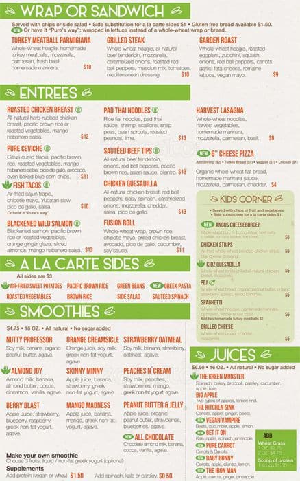 Carta de Pure Healthy Eatery