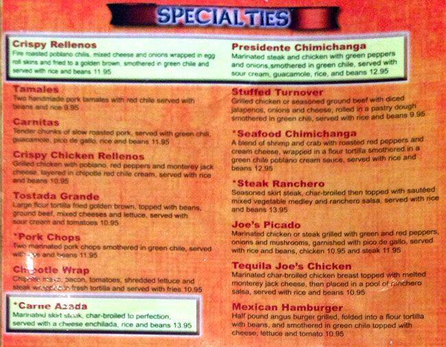 Tequila Joes Menu, Menu for Tequila Joes, Parker, Denver Urbanspoon