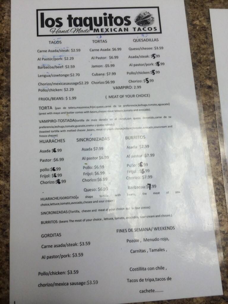 Los Taquitos Menu, Menu for Los Taquitos, Morehead City, Morehead City