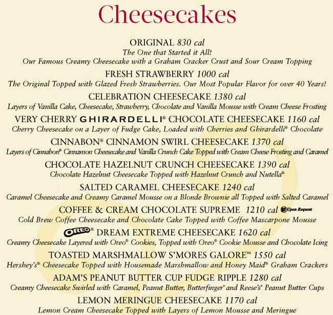 Menu at The Cheesecake Factory desserts, San Mateo