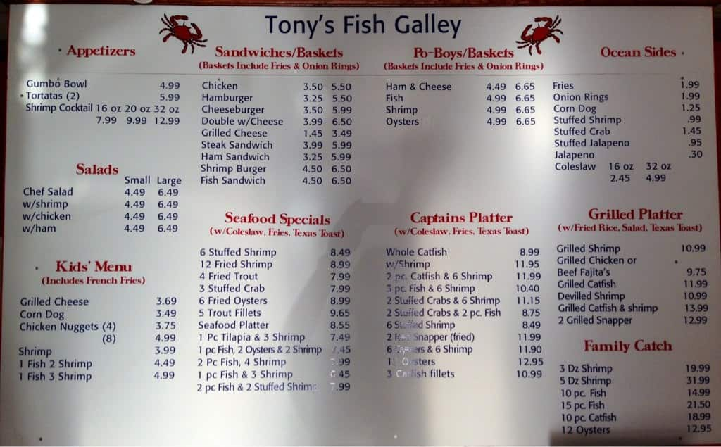 Menu At Tony's Fish Galley Restaurant, Deer Park, 909 Center St