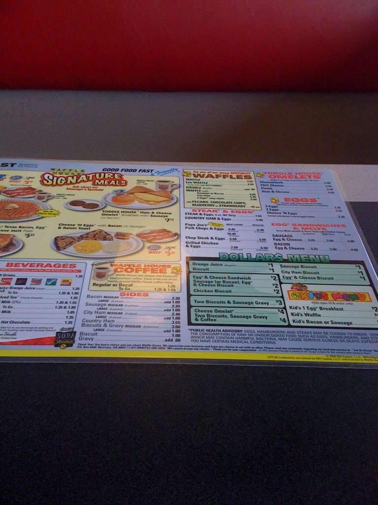 Menu at Waffle House restaurant, Snellville, 1960 Main St E