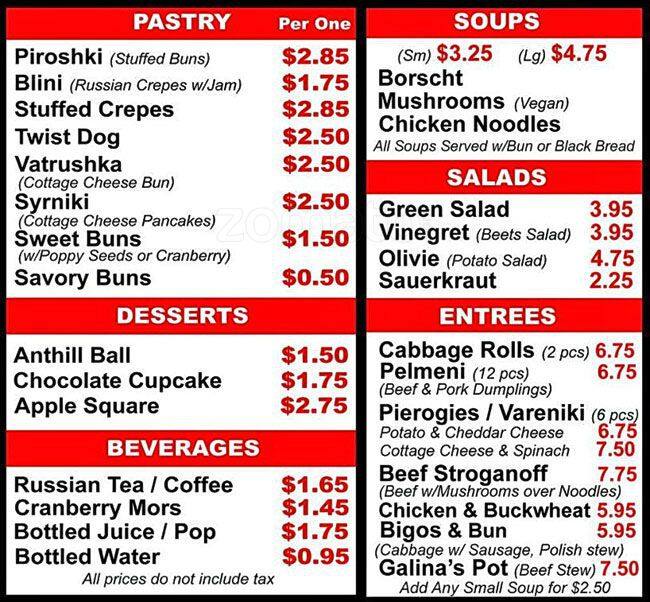 Russian Spoon Bakery Menu, Menu for Russian Spoon Bakery, New
