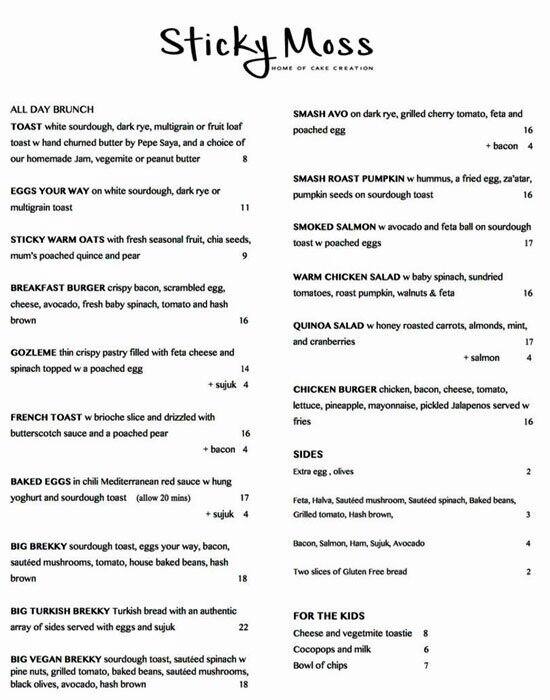 Sticky Moss Cafe Menu, Menu for Sticky Moss Cafe, Brunswick, Melbourne