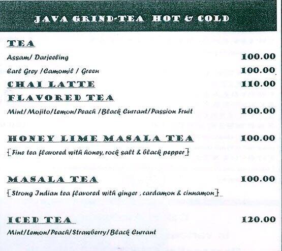 Menu at Java Grind, Mumbai, 9