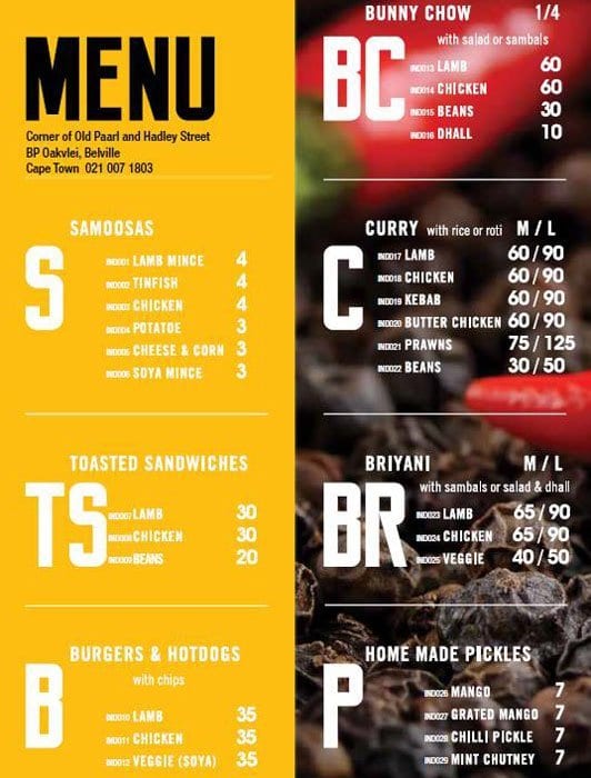 Indigo Menu, Menu podniku Indigo, Brackenfell, Cape Town Zomato SA