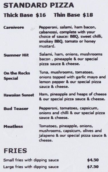 On Da Rocks Menu Menu at On The Rocks pizzeria, Christchurch