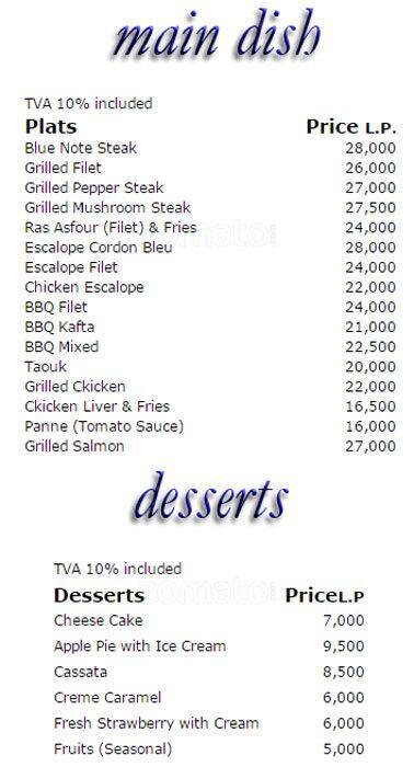 Blue Note Café menu