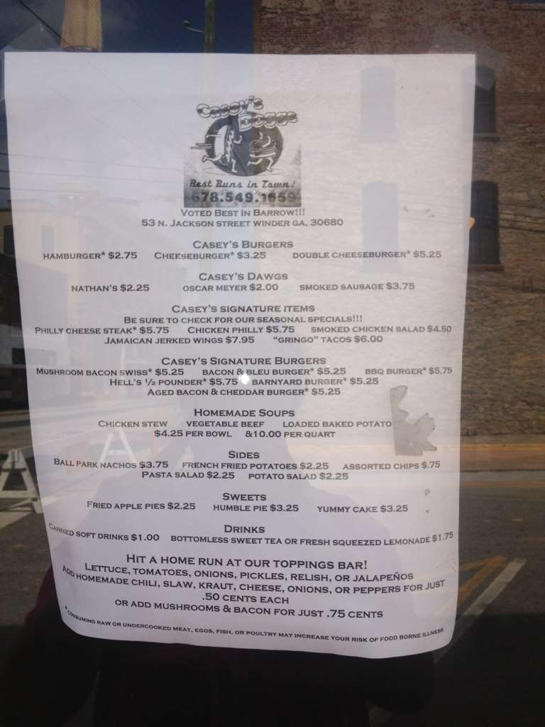 Menu at Casey's restaurant, Winder