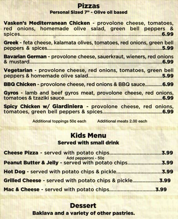 Menu at Vasken's Deli restaurant, Branson