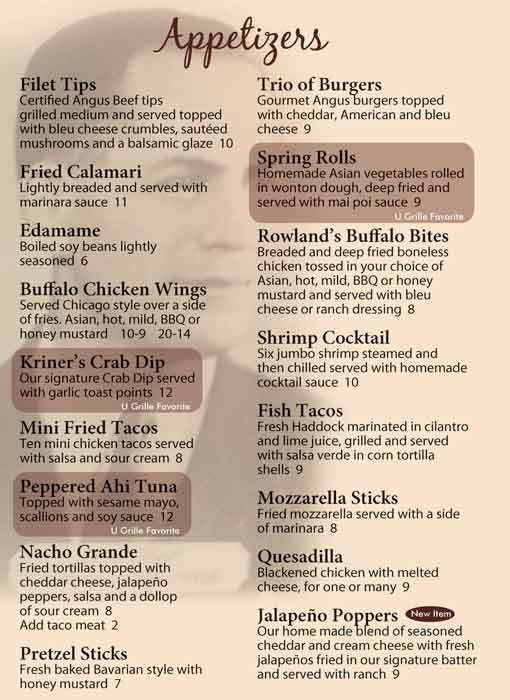 University Grille Menu, Menu for University Grille, Shippensburg