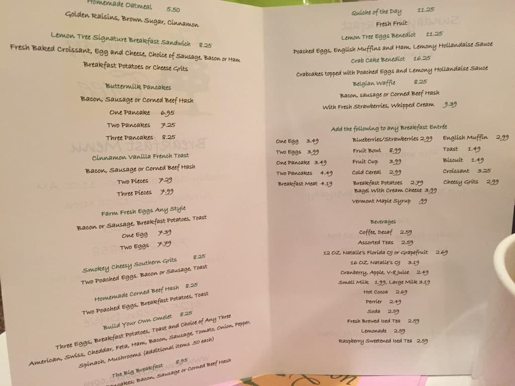 Menu at Lemon Tree restaurant, Vero Beach