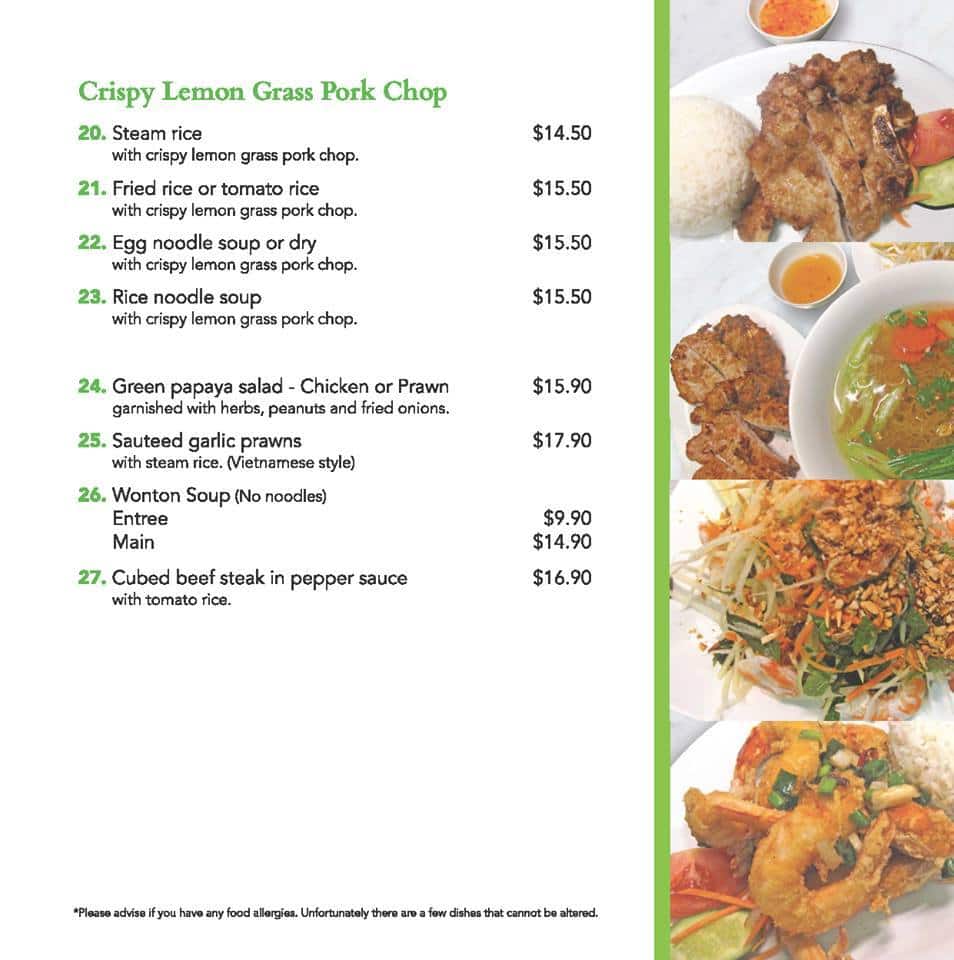 Menu at Saigon Express Drummoyne restaurant, Drummoyne