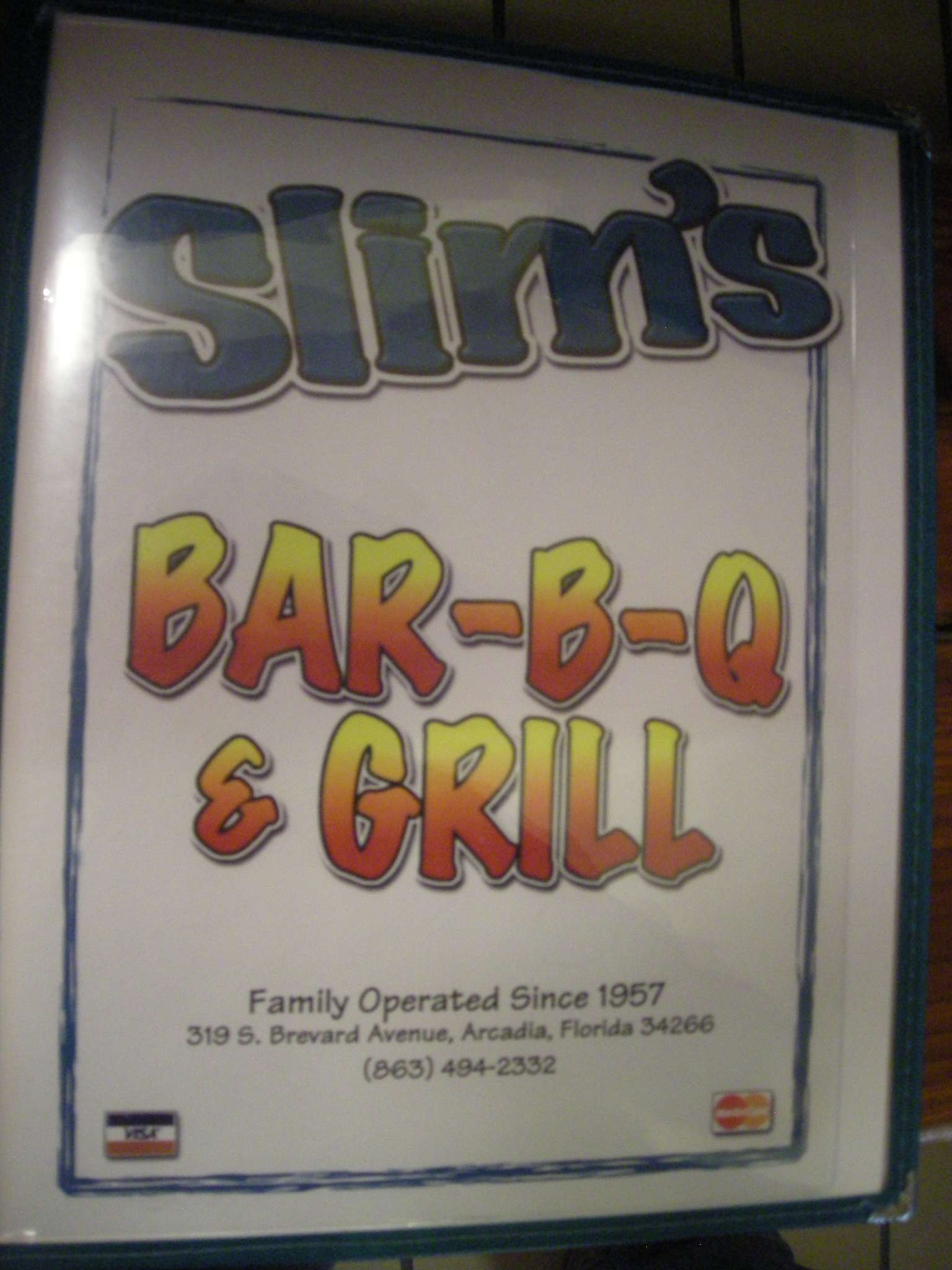 Menu at Slim's Bar-B-Q, Arcadia