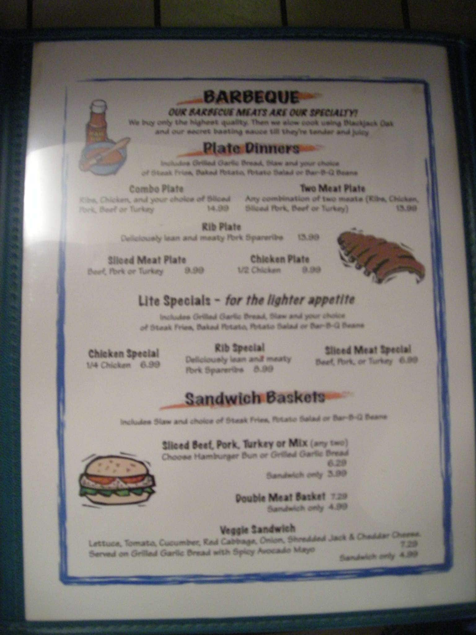 Menu at Slim's BarBQ, Arcadia