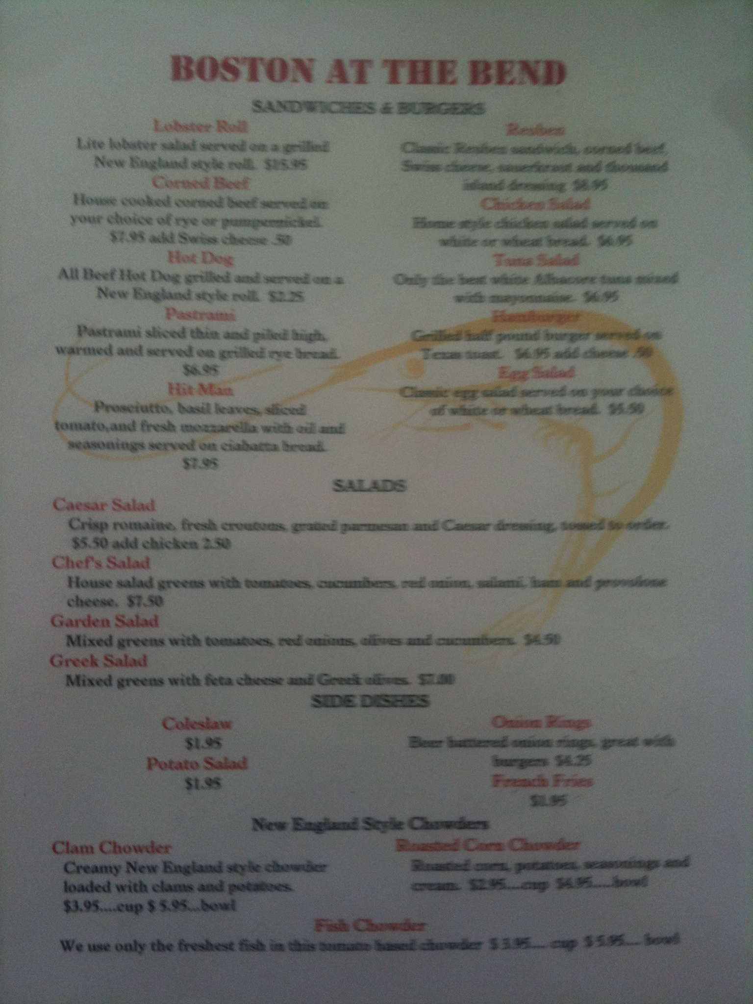 Boston at the Bend Menu, Menu for Boston at the Bend, New Bern, New ...