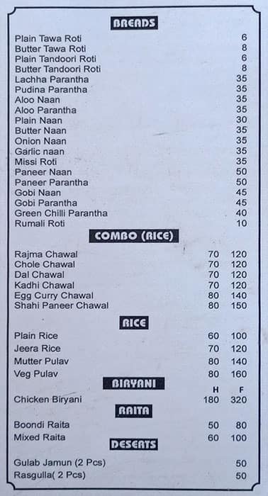 Menu At Singh Dhaba, Gurugram, Rao Gajraj Singh Marg