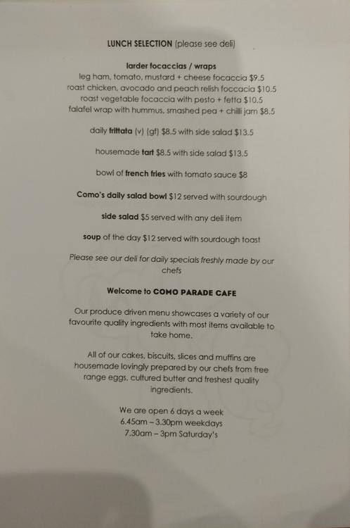 Parade Menu Menu at Como Parade Cafe, Mentone