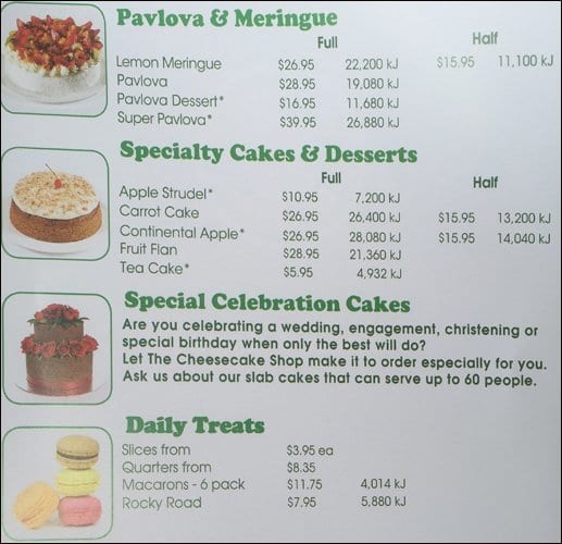 Menu at The Cheesecake Shop restaurant, Boronia