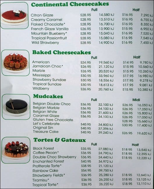 The Cheesecake Shop Menu, Menu for The Cheesecake Shop, Caulfield