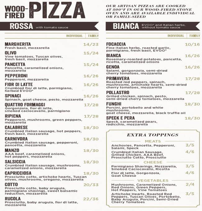 Menu at Enoteca Monza pizzeria, Laval