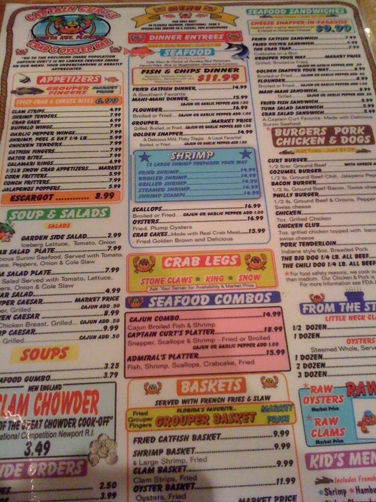Menu at Captain Curt's Crab & Oyster Bar, Sarasota, Old Stickney Point Rd
