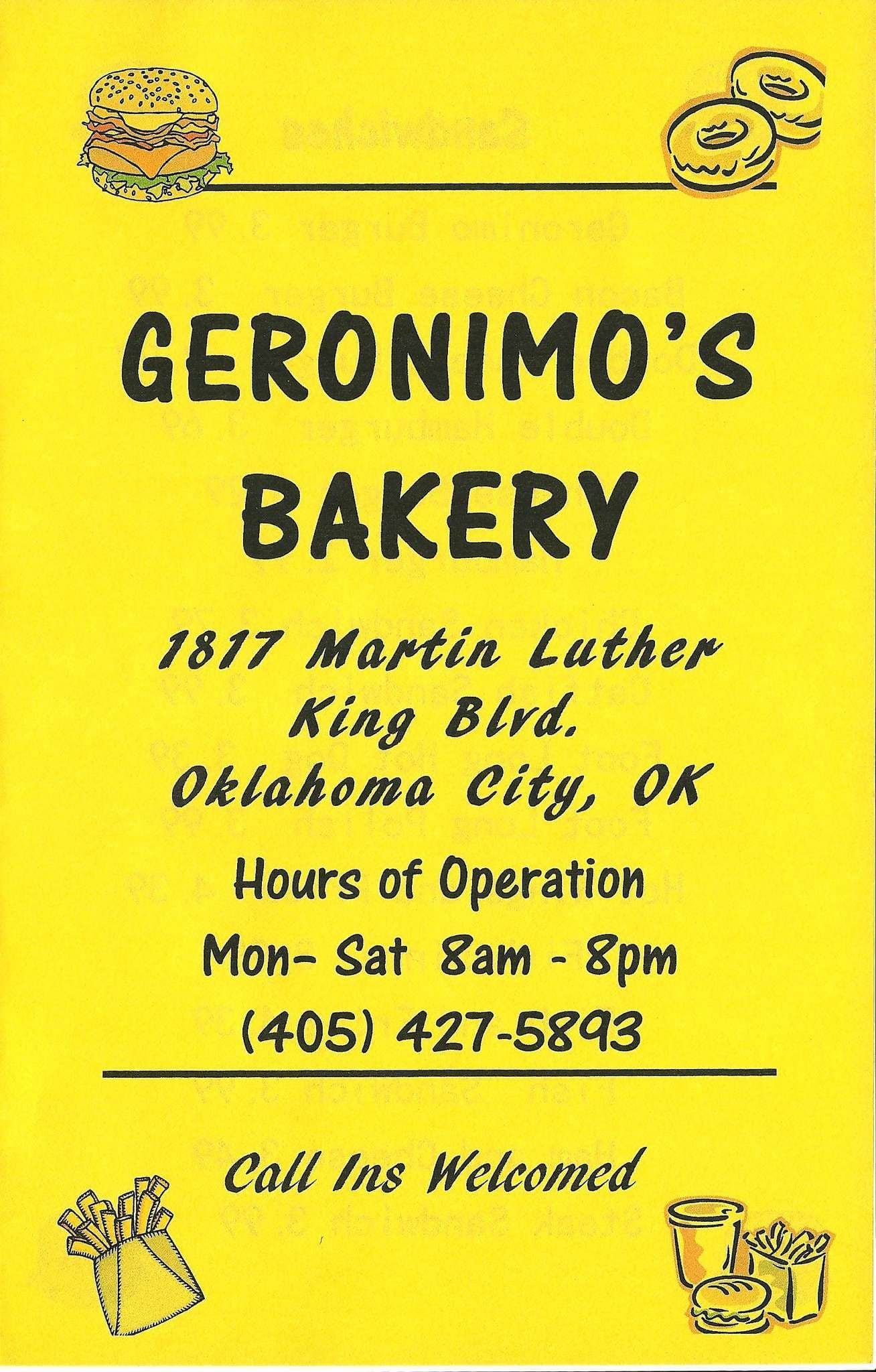 Menu at Geronimo's Bakery, Oklahoma City
