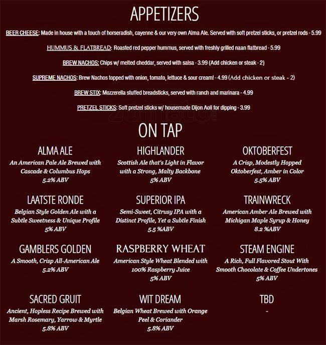 Alma Brewing Company Menu, Menu for Alma Brewing Company, Alma, Alma Urbanspoon/Zomato