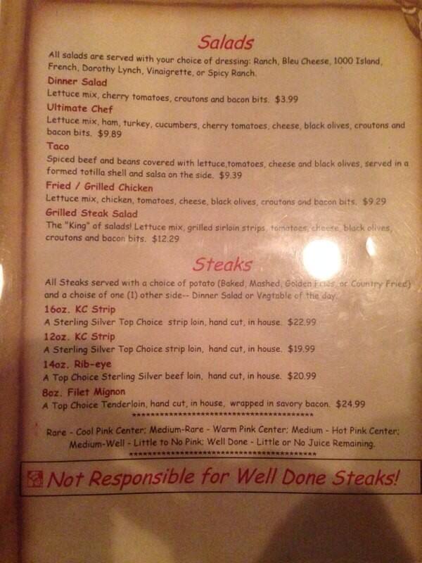 Menu at Cy's Hoof and Horn Supper Club, Sedgwick