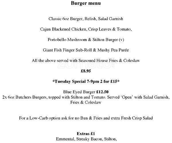 The Crows Nest Menu, Menu for The Crows Nest, Crystal Palace, London