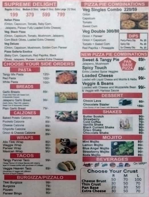 Menu of Pizza Galleria, Shalimar Bagh, New Delhi