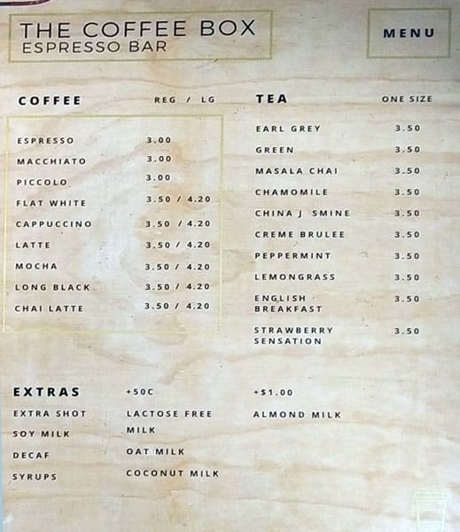 Menu at The Coffee Box Haymarket cafe, Darlinghurst