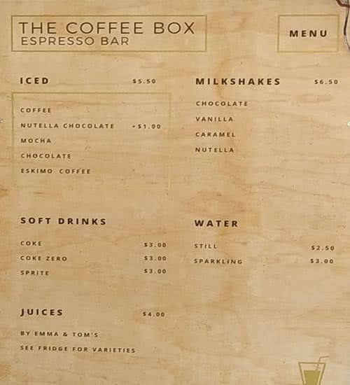Menu at The Coffee Box Haymarket cafe, Darlinghurst