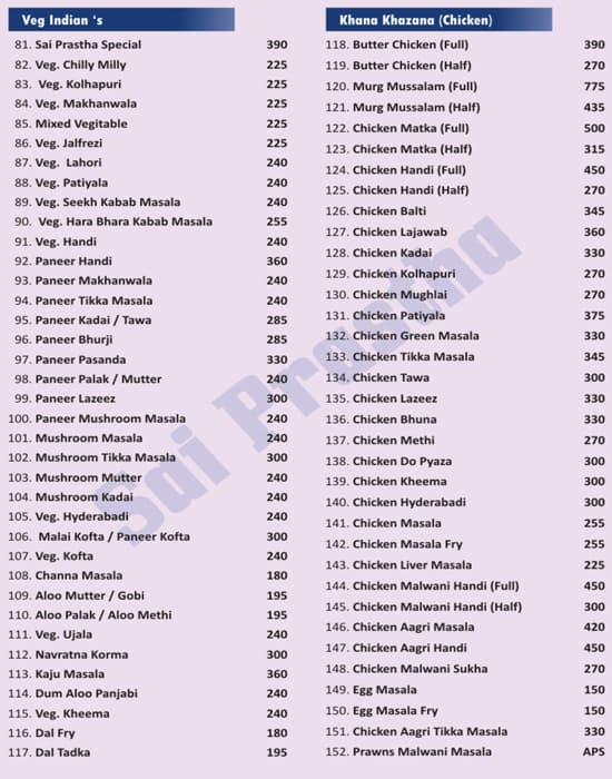 Menu at Sai Prastha Family Restaurant & Bar, Nala Sopara