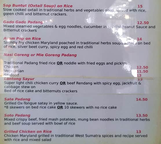 Menu at Salero Kito Padang restaurant, Melbourne, 235/251 Bourke St